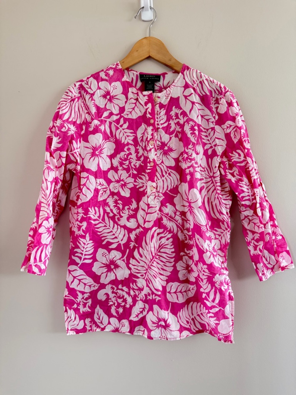 Lauren Ralph Lauren Pink Tropical Floral Cotton Blouse Women Small Resort Preppy
